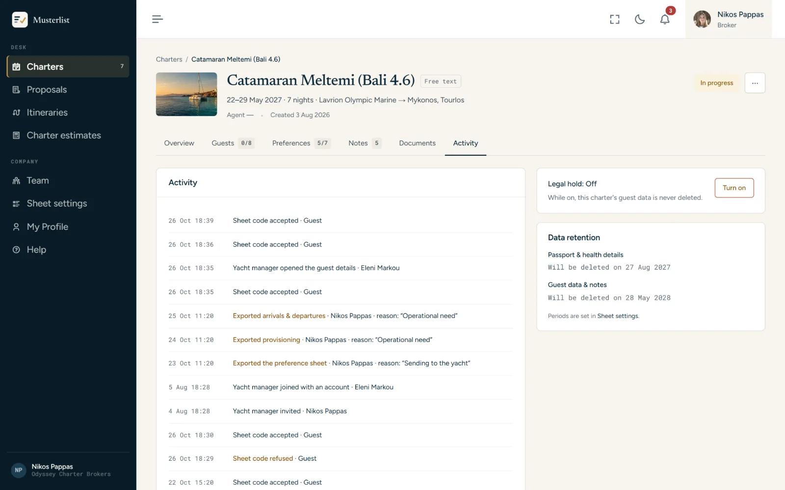 A charter's activity: links, views with reasons, exports and shares