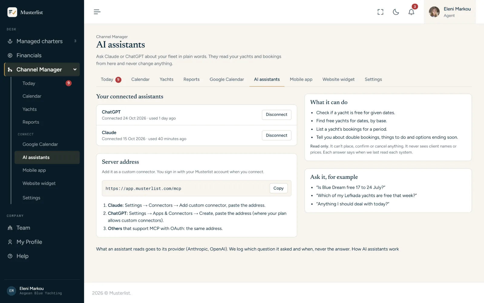 AI assistants in the Channel Manager: Claude and ChatGPT connected, the server address and what they can do