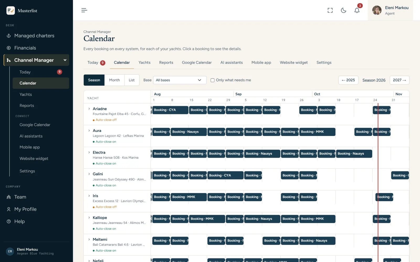 A yacht's calendar with bookings from CYA, MMK and Nausys