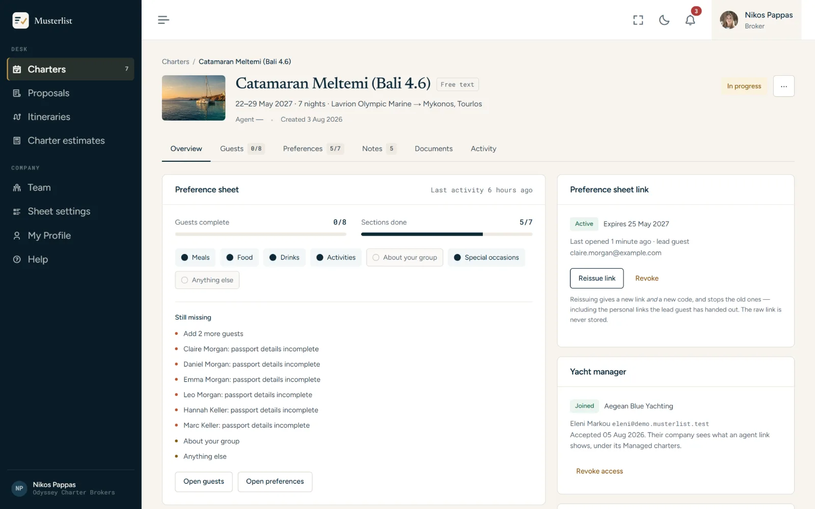 A charter in Musterlist: its preference sheet, guests and yacht manager