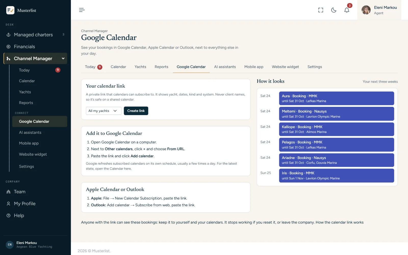 The Google Calendar page: a private link and how the next weeks look