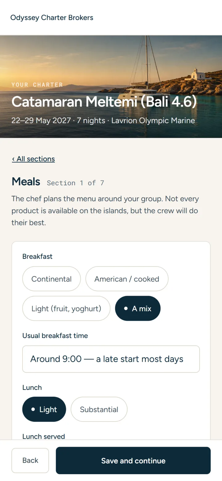 The Meals section of the sheet, answered on a phone