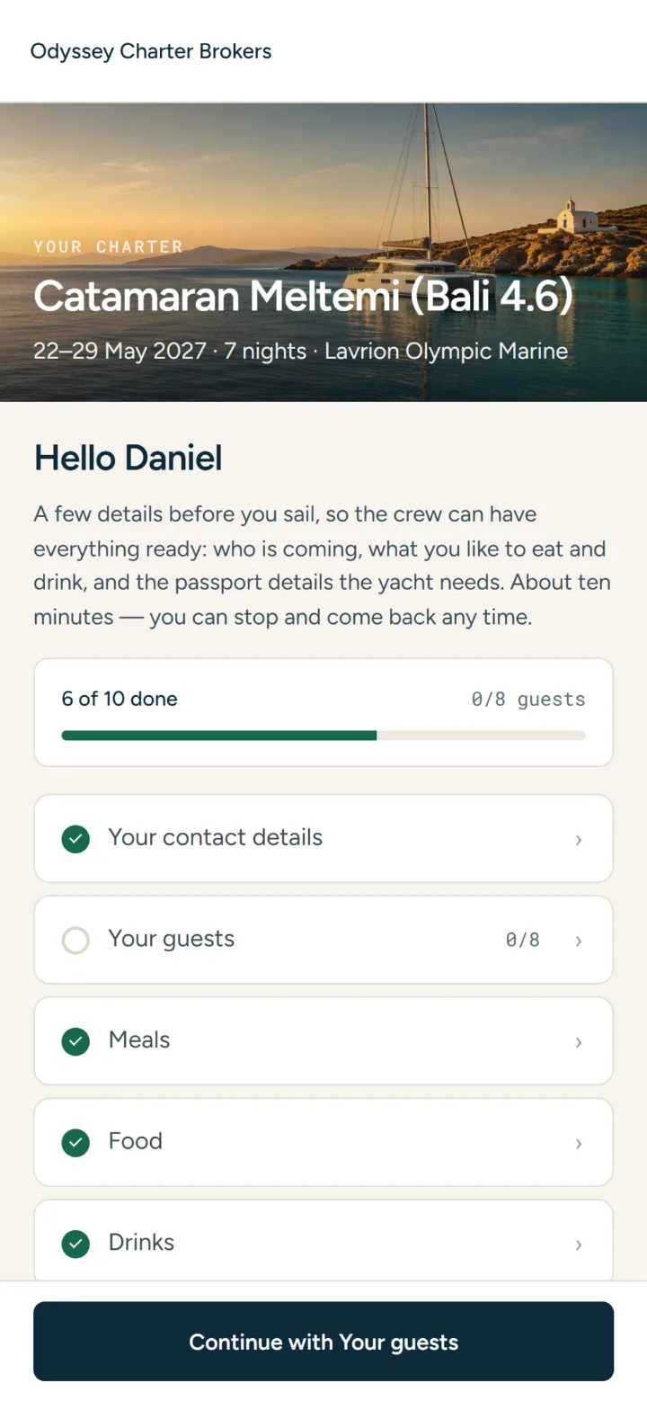 The preference sheet on a guest's phone