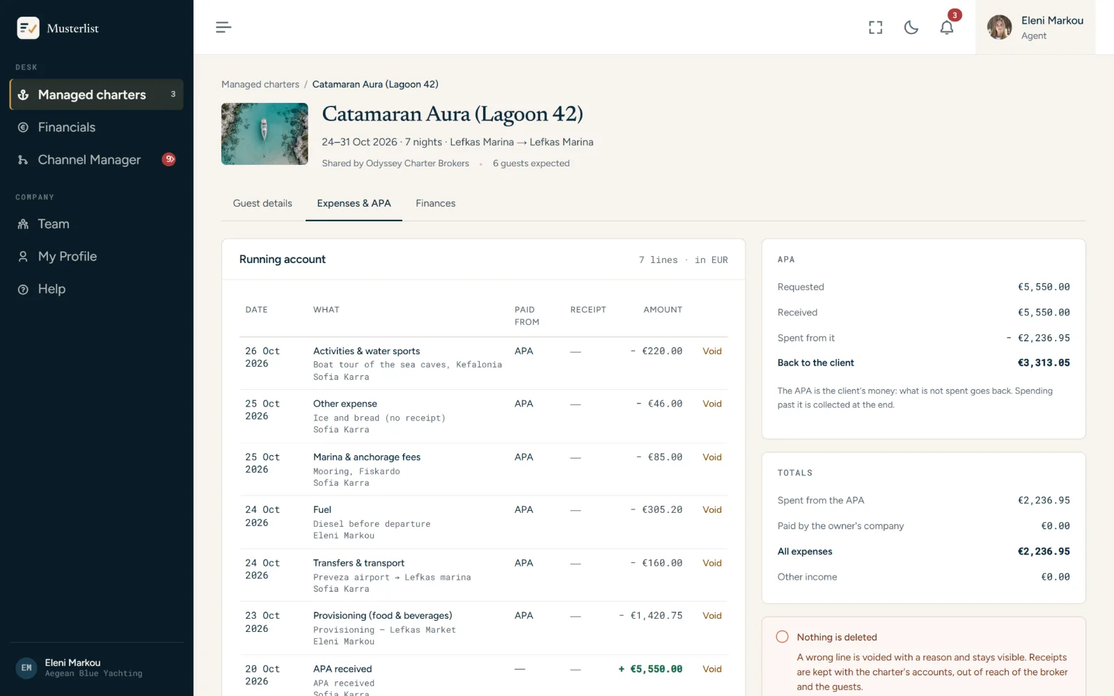 Expenses and APA of a charter, line by line, with the APA balance