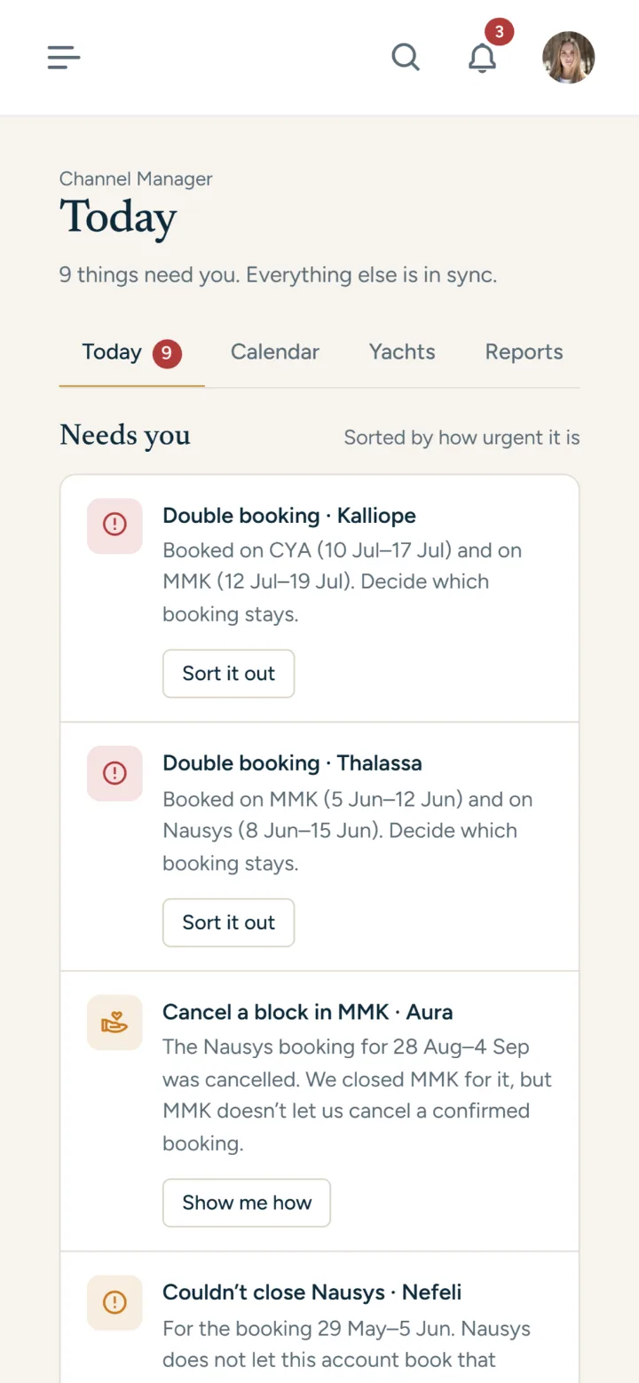 Musterlist on a phone: Today in the Channel Manager