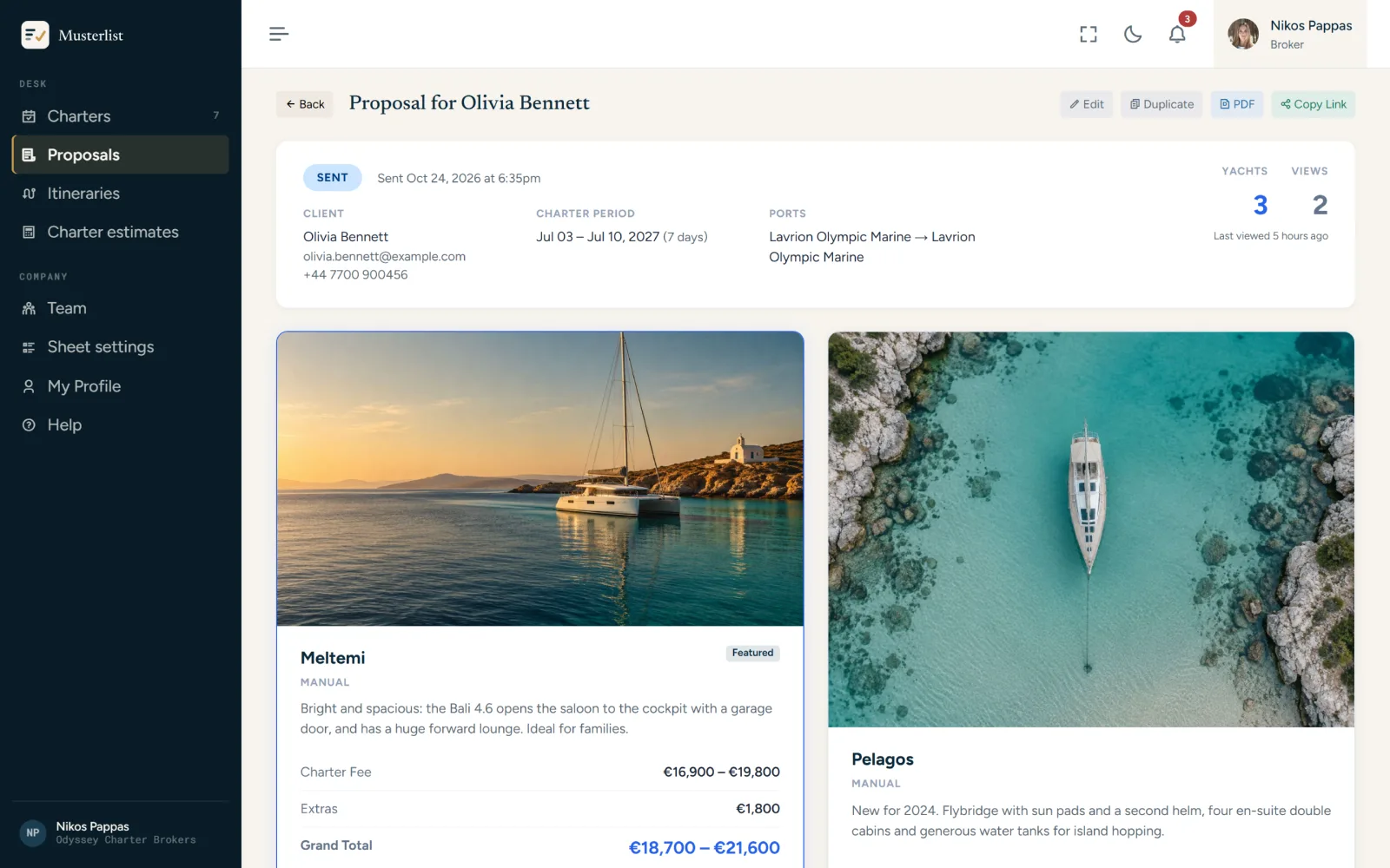 A proposal on the broker's side: yachts, client's choice, views and messages