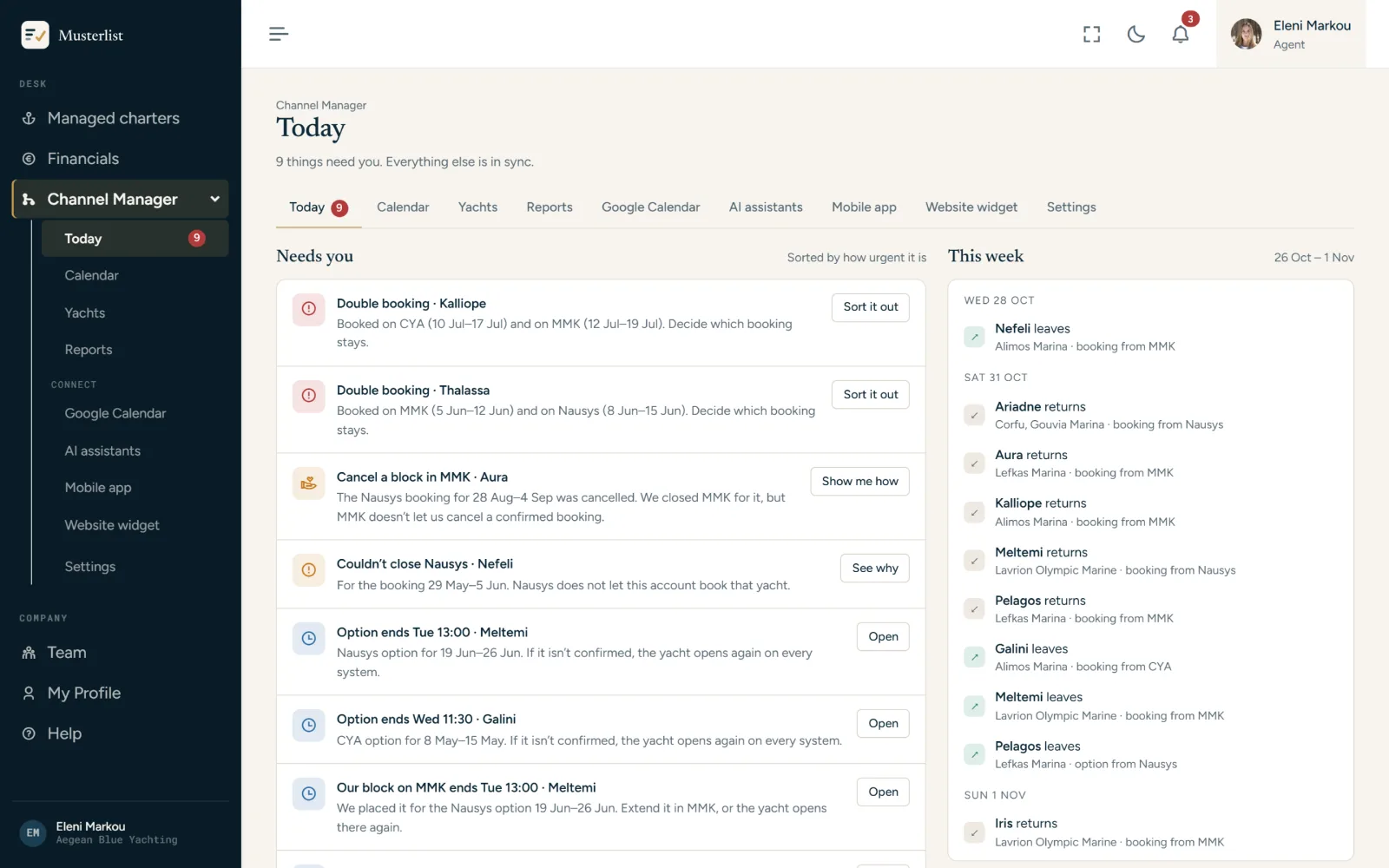 The Channel Manager's Today page: what needs you across CYA, MMK and Nausys